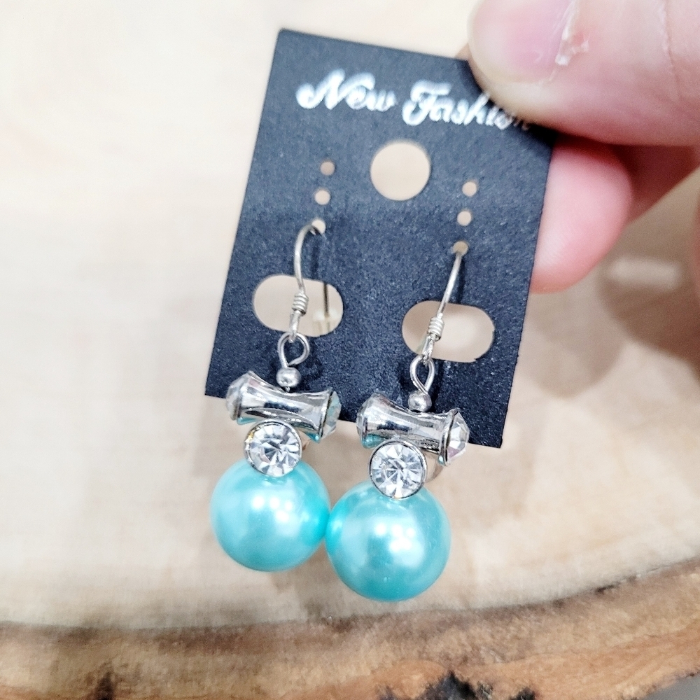 Brand New Silver Tone Blue Bead Rhinestone Dangle Earrings